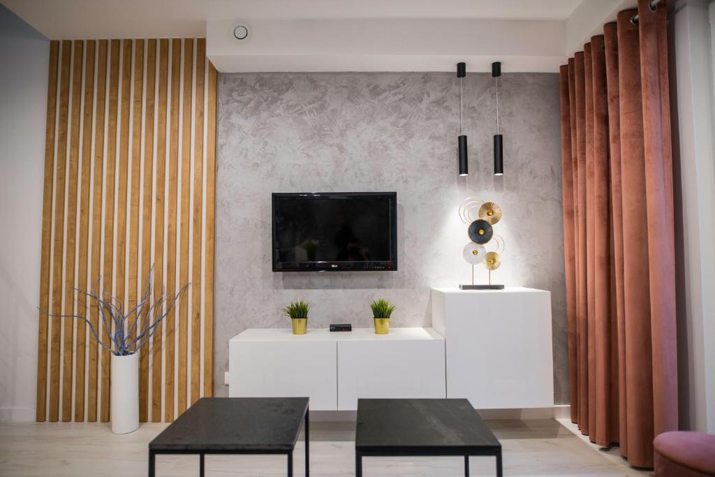 TV a/nebo společenská místnost v ubytování Nowoczesny apartament na Warmii i Mazurach z garażem