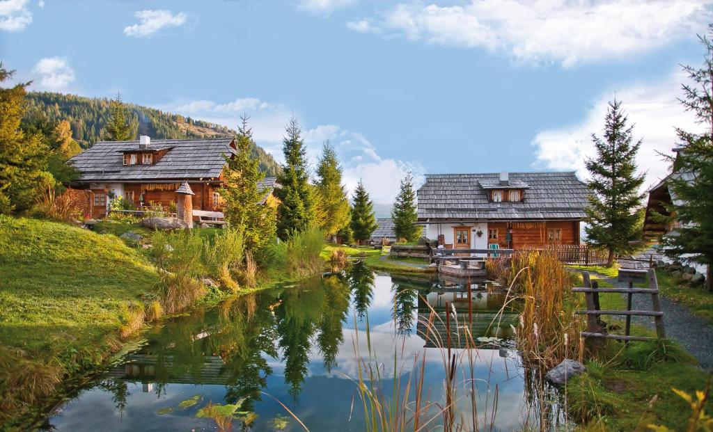 a log cabin with a pond in front of it at Almdorf Seinerzeit in Patergassen
