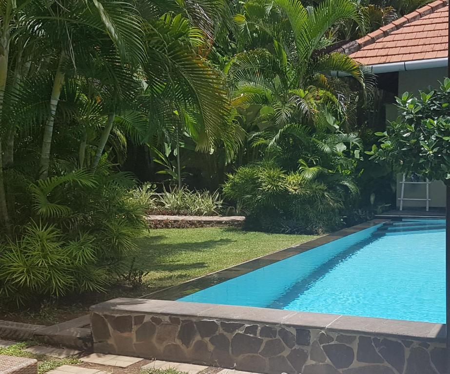 a swimming pool in front of a house with trees at Villa Jati - Private Poolside Villa Central Lovina in Lovina