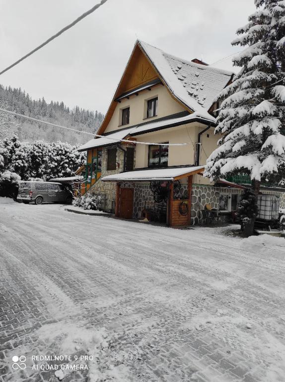 a house with snow on the ground next to a street at Willa Emma in Poronin