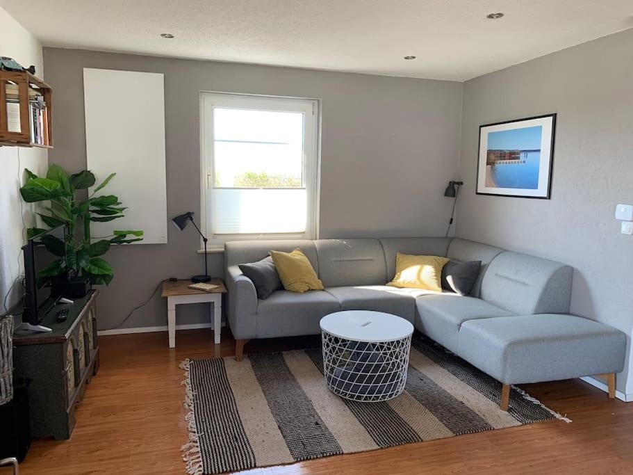 a living room with a couch and a table at Ferienhaus Solken mit großer Terrasse und Kaminofen in Plau am See