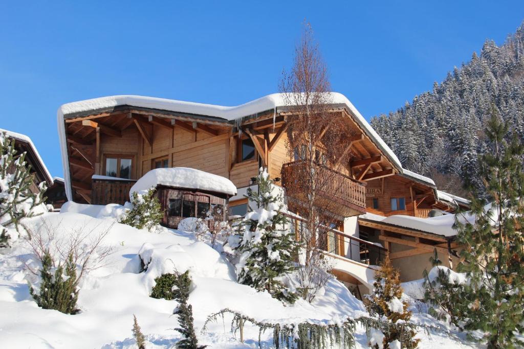 a log home in the snow at Chalet Chantelle in Morzine
