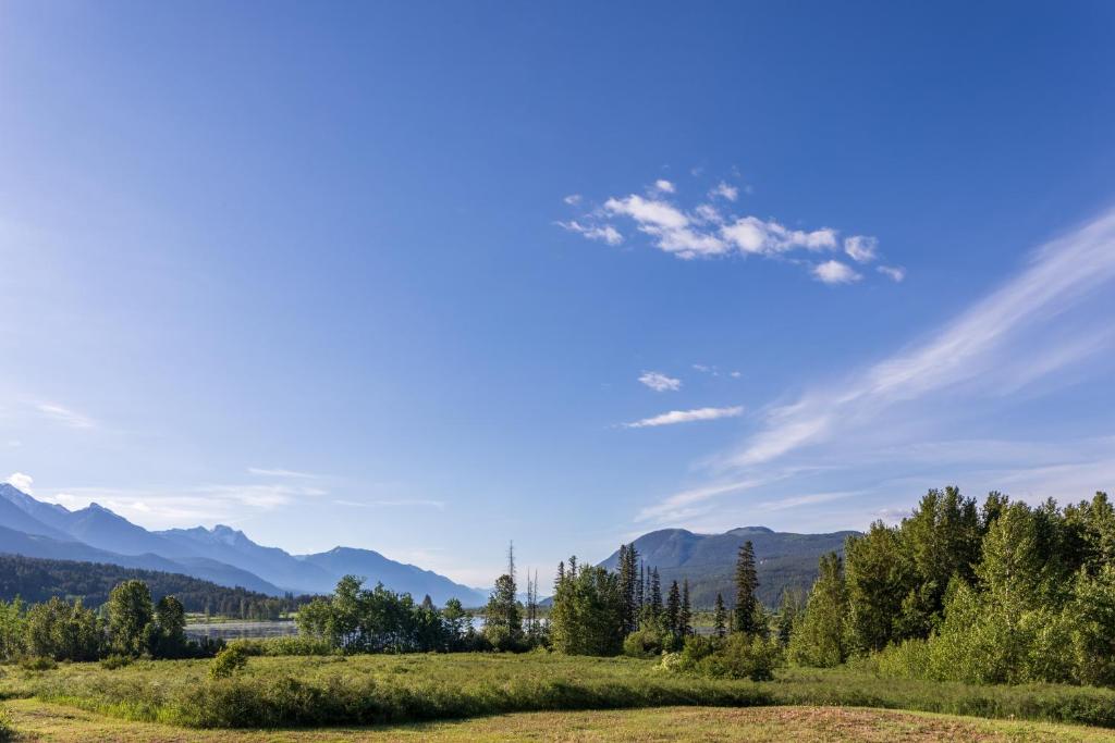 a view of a field with mountains in the background at The Qu INN - Cozy Cabin in Parson