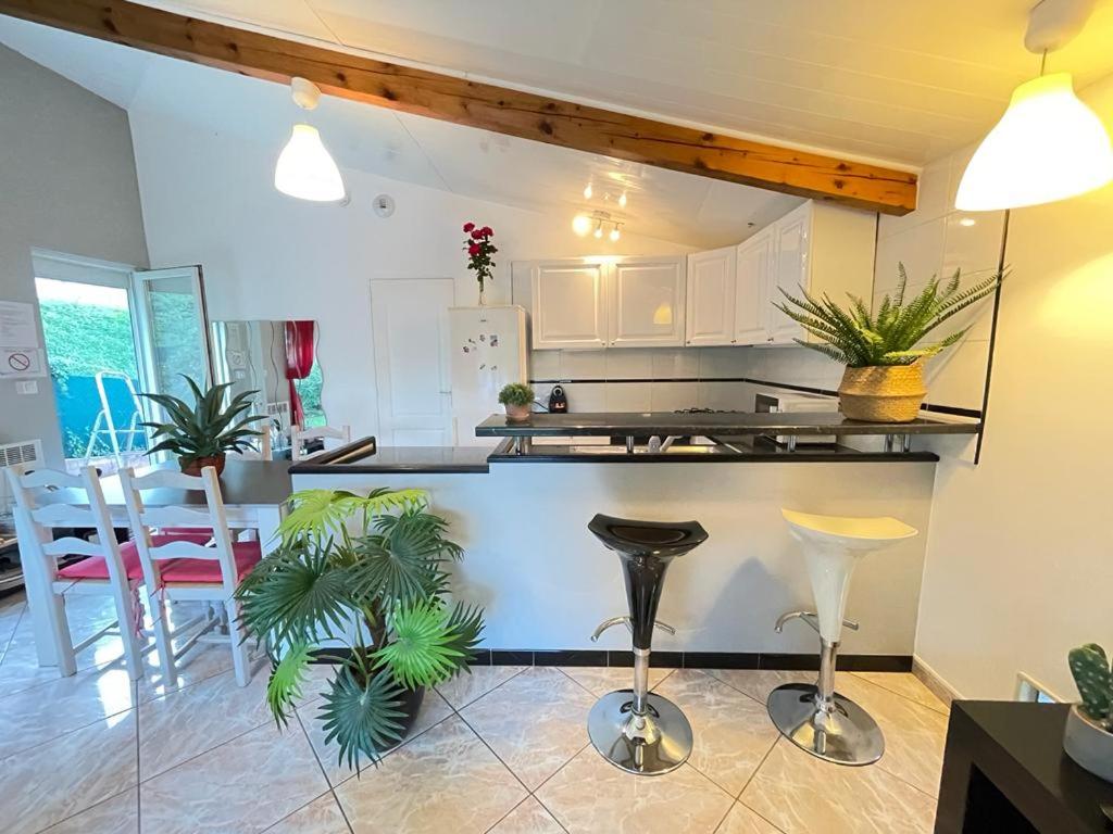 uma cozinha e sala de estar com um balcão e cadeiras em Casa Luciana em Saint-Priest