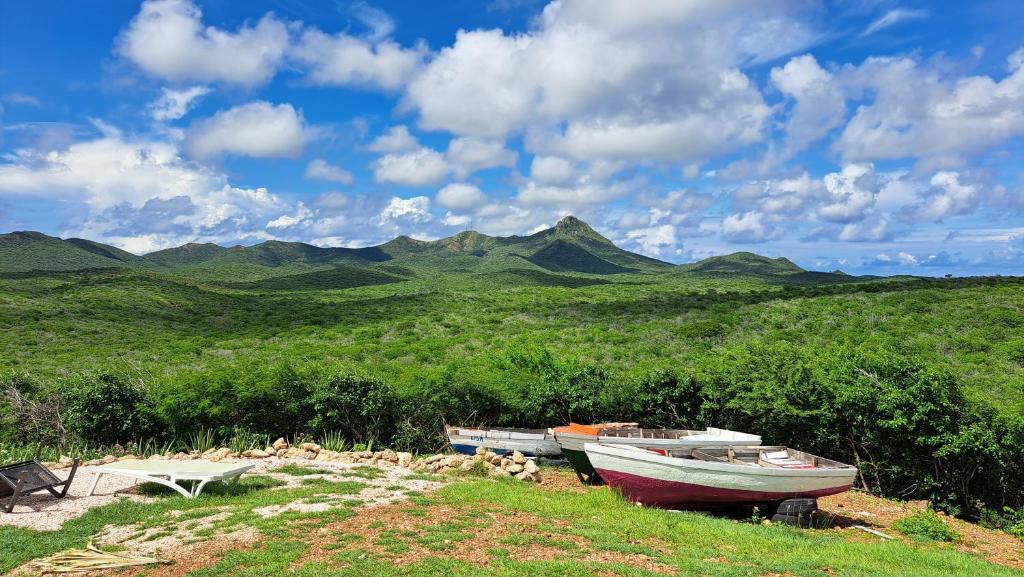 two boats sitting on a field with mountains in the background at The View Apartment in Willemstad