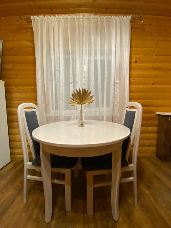 een eettafel en stoelen met een vaas erop bij Zator apartaments in Vyshkiv