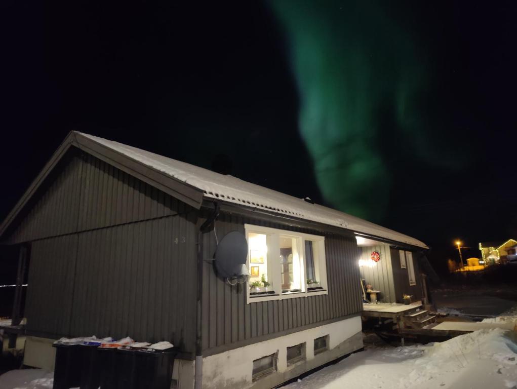 une maison avec les lumières du nord dans le ciel dans l'établissement Apartament Sandstrand, 