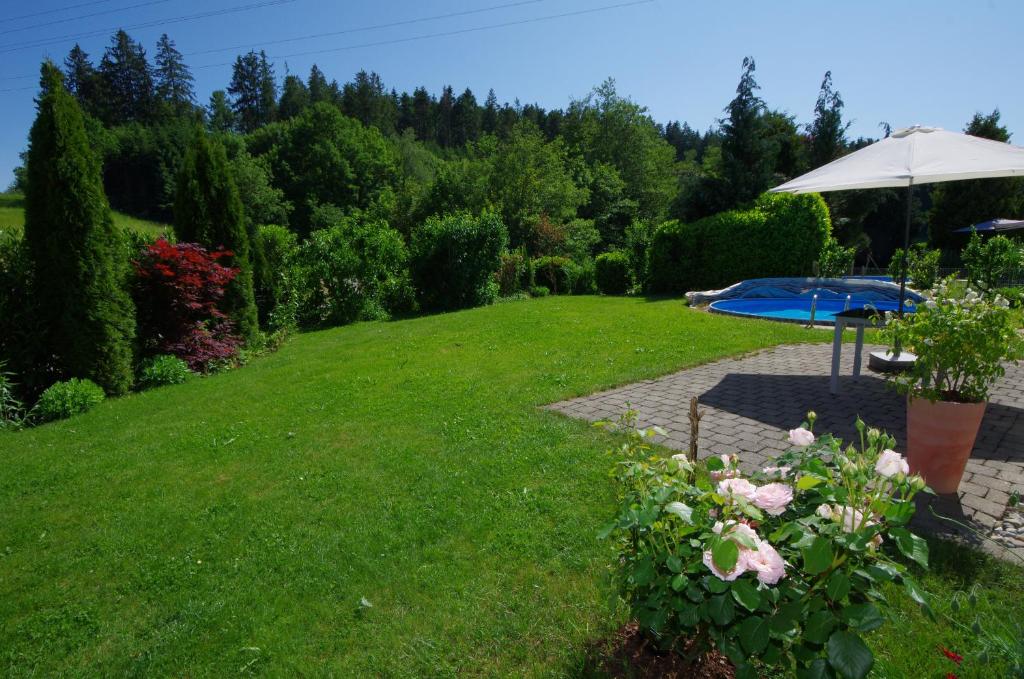 a lawn with an umbrella and a table and flowers at Ferienwohnung Dorada in Neukirch