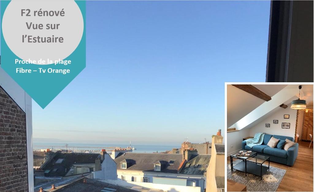 een collage van foto's van een woonkamer en uitzicht op de oceaan bij Appart LH L'Estuaire - F2 vue mer proximité plage in Le Havre
