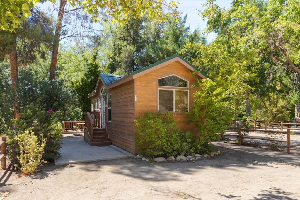 una pequeña casa en un patio con árboles en Deluxe little cabin 2 min stroll to Kern River, en Kernville