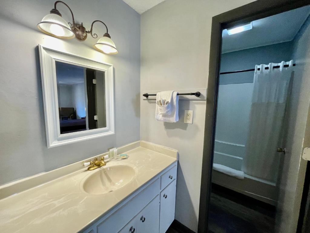 a bathroom with a sink and a mirror and a shower at Alpine Village Inn in Helen
