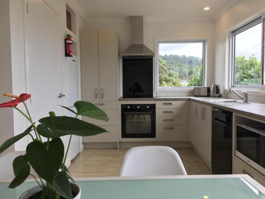 uma cozinha com armários brancos e uma planta em primeiro plano em Horizon View em Waihi Beach