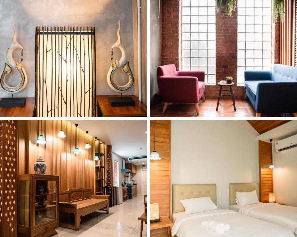 two pictures of a room with a bed and chairs at Cozy House City center BTS&MRT in Bangkok