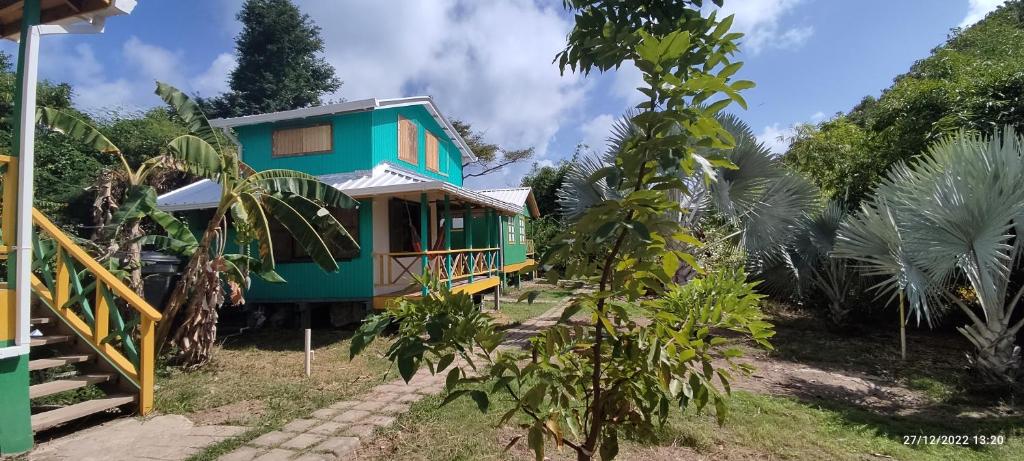 uma casa verde no meio de uma floresta em Hotel YELLOW HOME Providencia Isla em Providencia