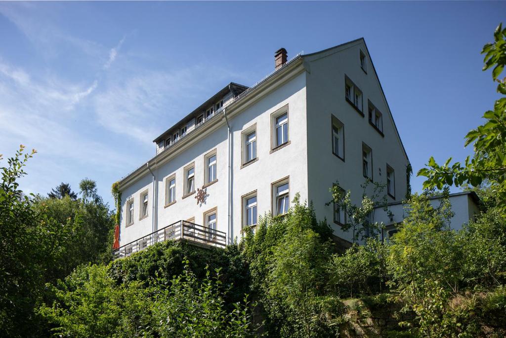 un gran edificio blanco en una colina con árboles en Schöna Einliegerwohnung, en Reinhardtsdorf