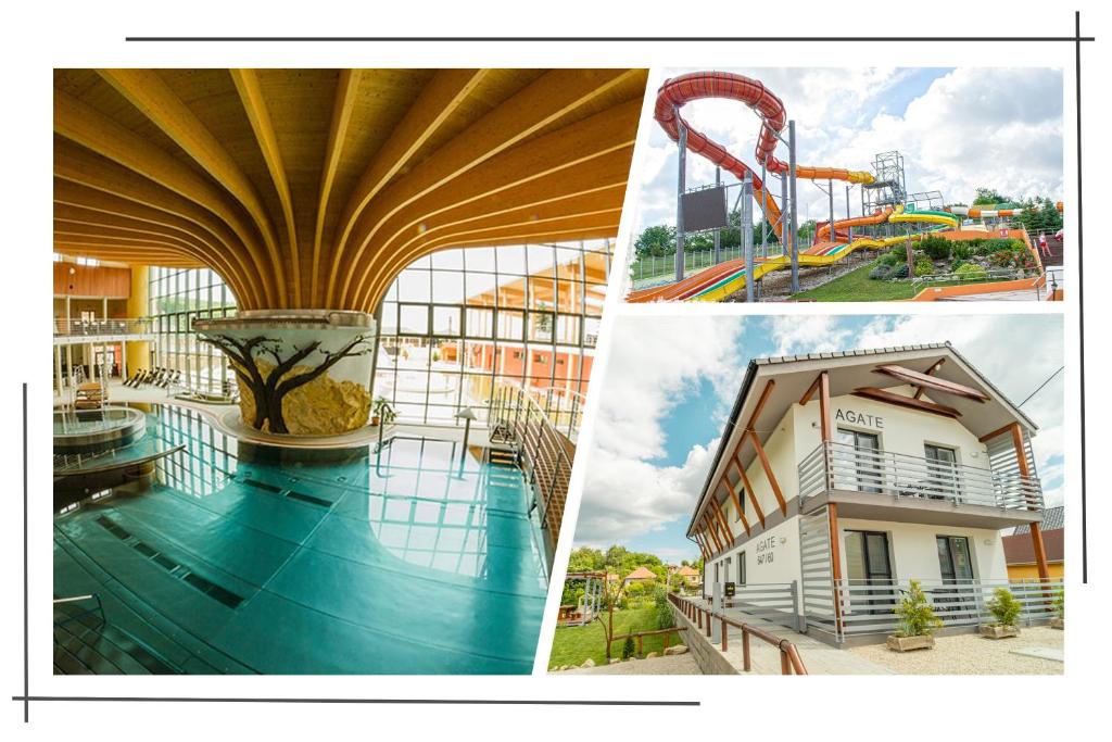 a collage of four pictures of a water park at Ubytovanie AGATE in Podhájska