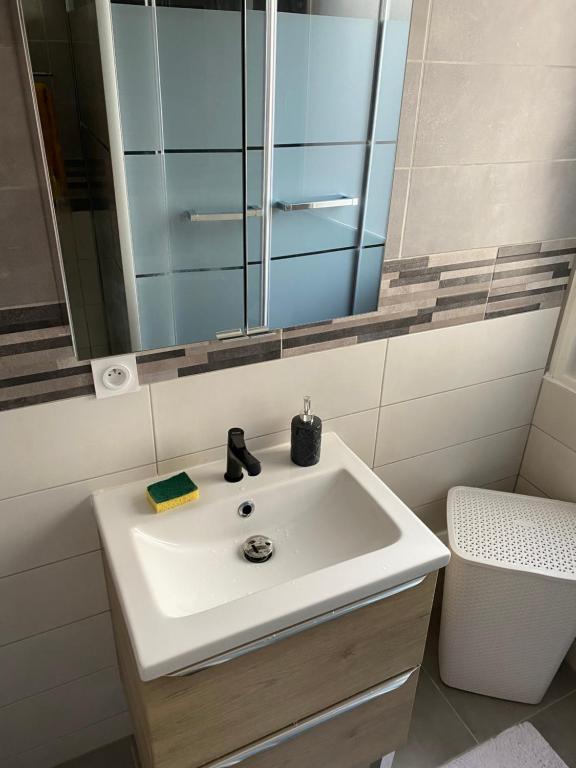 a bathroom with a sink and a mirror and a toilet at Appartement Moderne Saint-Gaudens in Saint-Gaudens