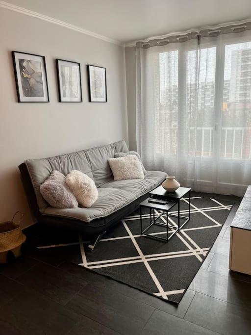 un salon avec un canapé et un tapis dans l'établissement Appartement situé au centre ville d’alfortville, à Alfortville