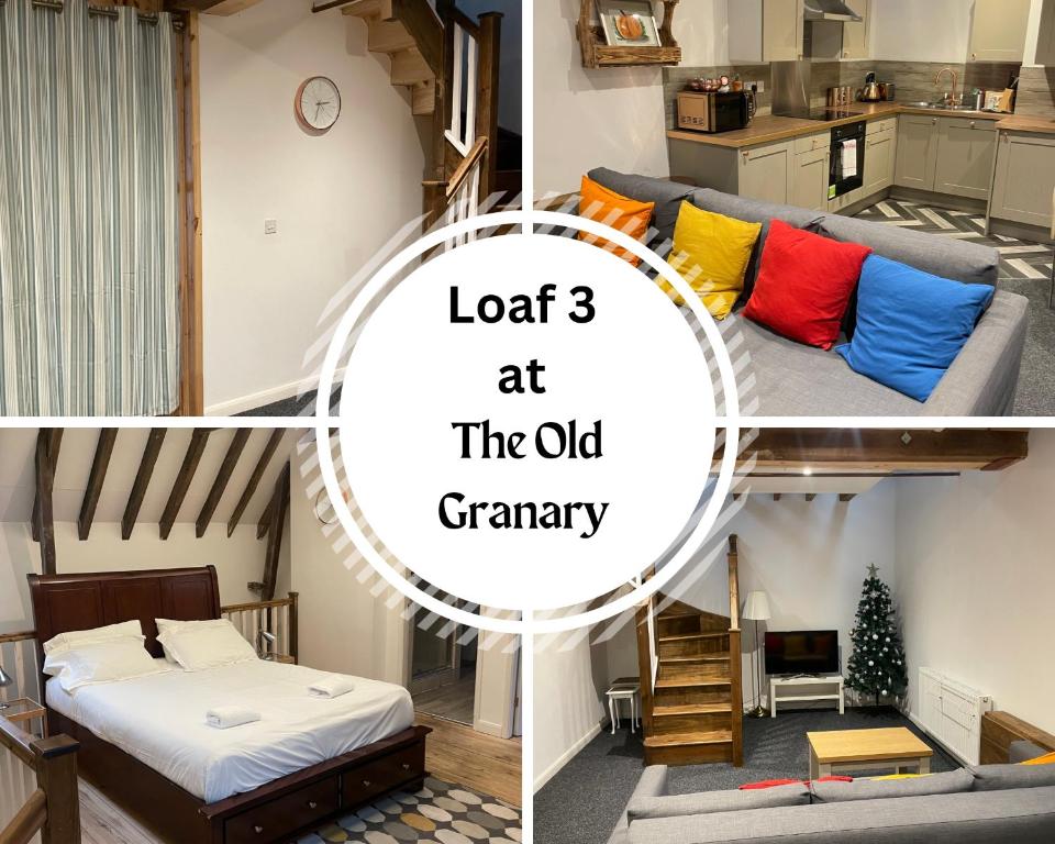un collage de photos d'une chambre avec un lit dans l'établissement Loaf 3 at The Old Granary Converted Town Centre Barn, à Beverley