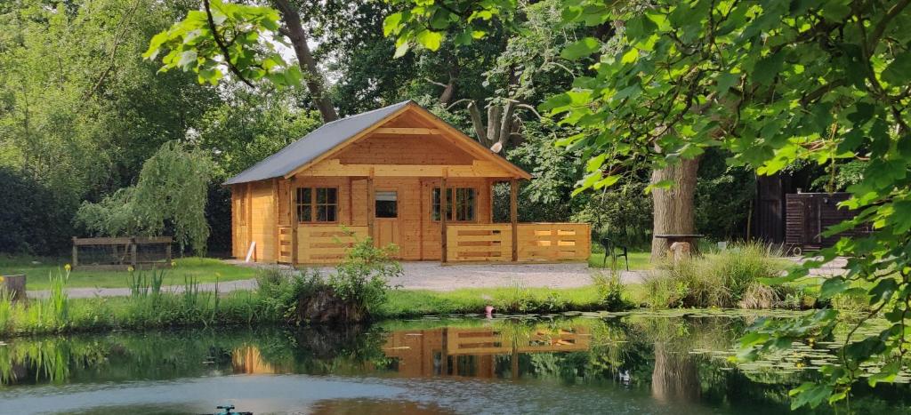 een kleine houten hut naast een vijver bij The Willow Cabin - Wild Escapes Wrenbury off grid glamping - ages 12 and over in Wrenbury