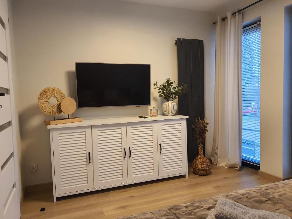 TV a/nebo společenská místnost v ubytování Lake HouseLubniewice domek całoroczny z jacuzzi blisko jeziora