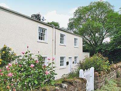 a white house with a white fence and pink roses at Beck Cottage in Colby