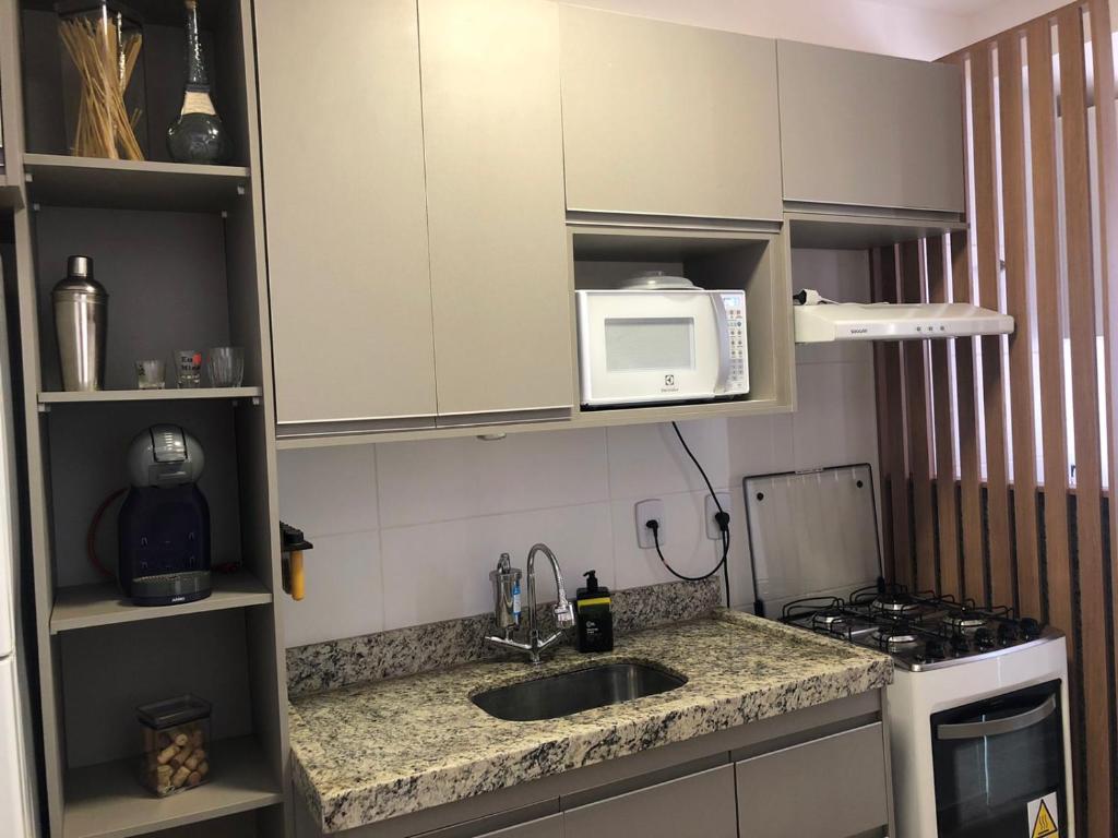 eine kleine Küche mit einer Spüle und einer Mikrowelle in der Unterkunft Apartamento próximo ao Parque e Aeroporto - com academia e piscina in Uberlândia