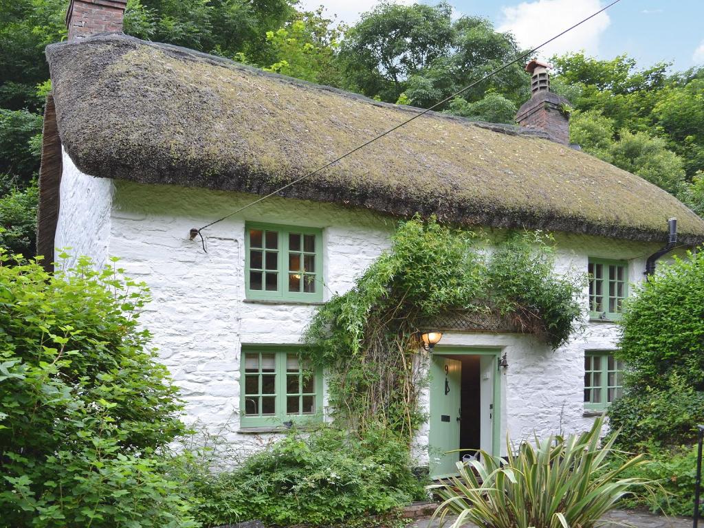 a white cottage with a thatched roof at Georges Cottage - Hsss in Clovelly