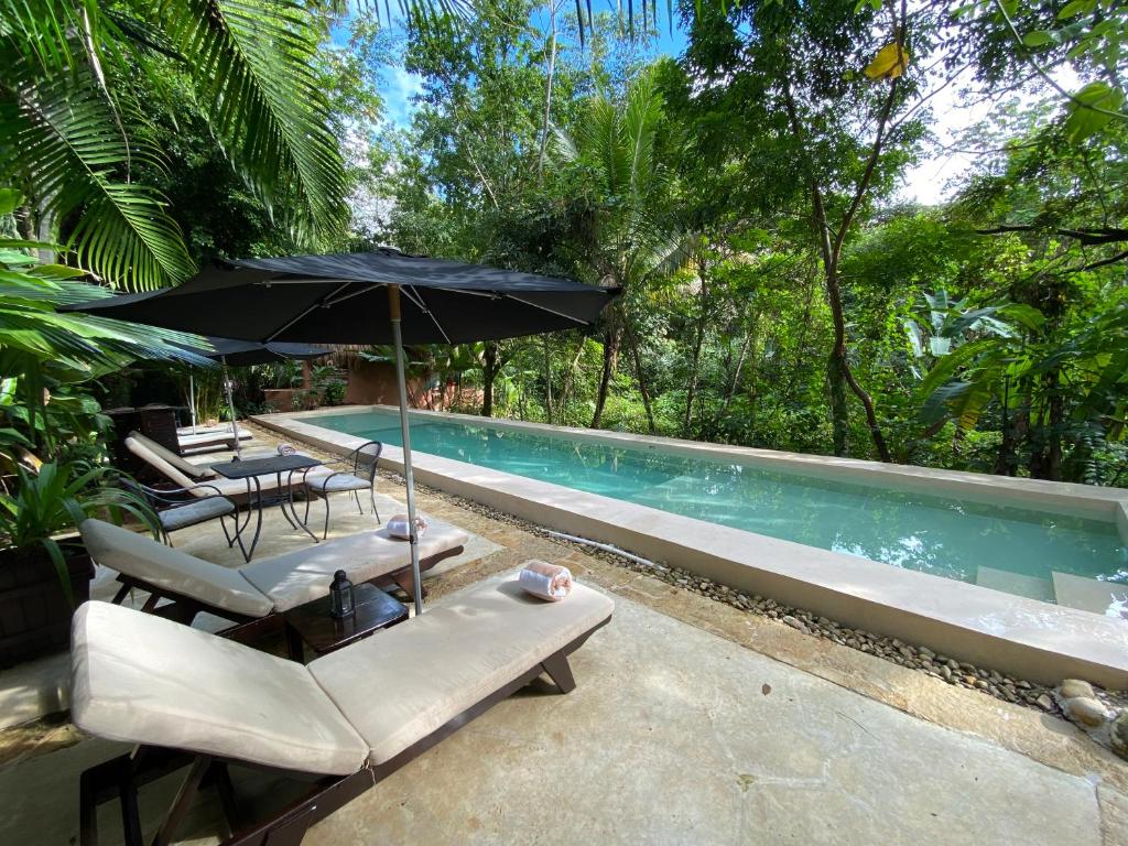 a swimming pool with two lounge chairs and an umbrella at Piedra de Agua Palenque in Palenque