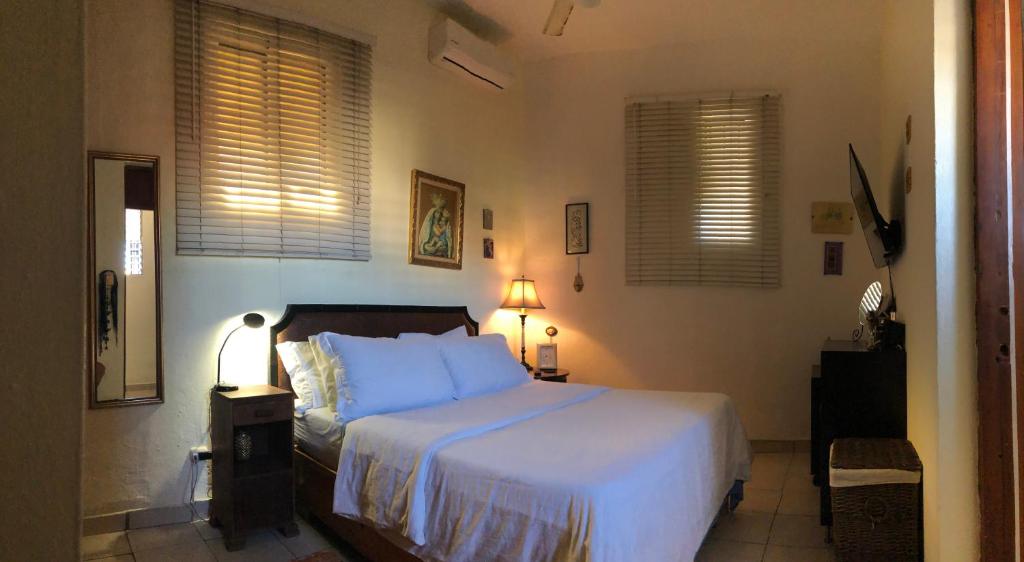 1 dormitorio con 1 cama con sábanas blancas y ventanas en Centrico ciudad colonial, en Santo Domingo
