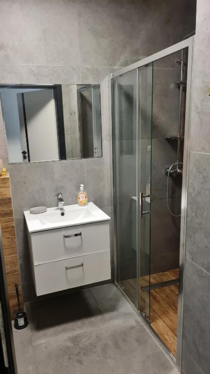 uma casa de banho com um lavatório branco e um chuveiro em RMF Naworol 2 em Szczecin