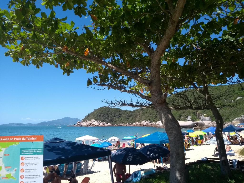 a beach with umbrellas and crowds of people at Hospede Mar Bombinhas in Bombinhas