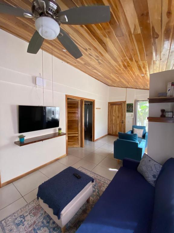 sala de estar con sofá azul y TV en Beautiful 2-bedroom home OR Studio Apartment OPTION in Santa Cruz, en Santa Cruz