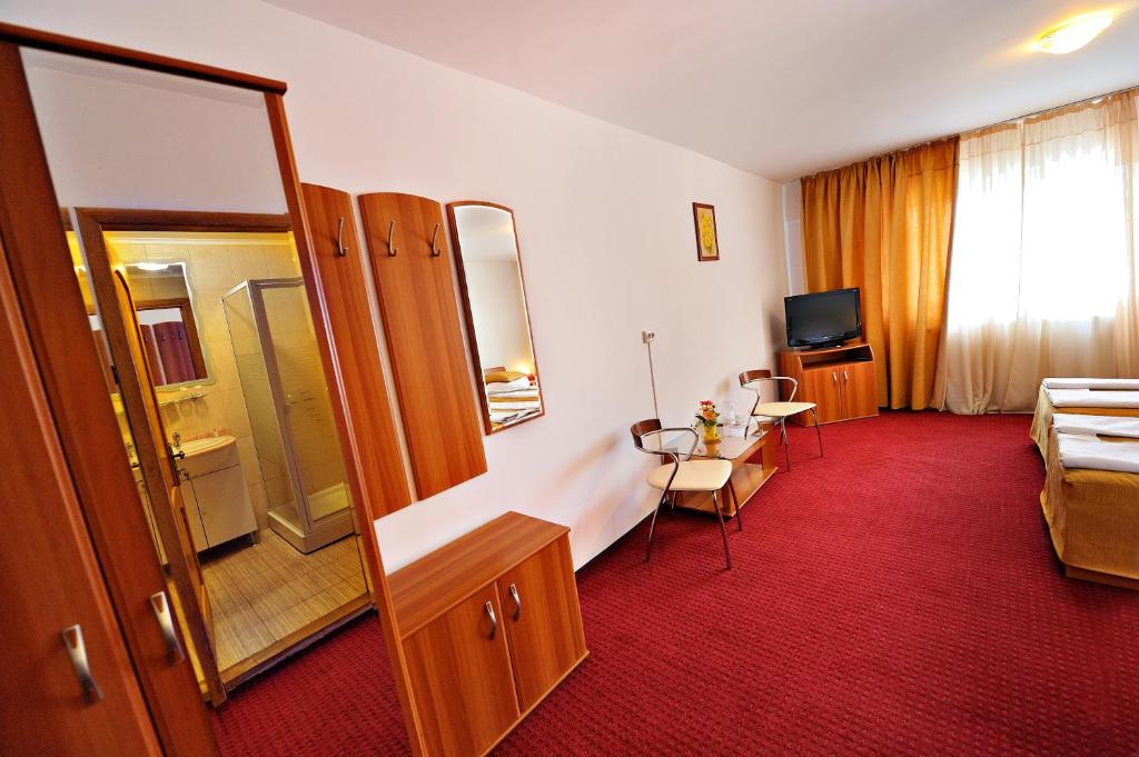 una habitación de hotel con una cama y un espejo en Motel Confort, en Floreşti
