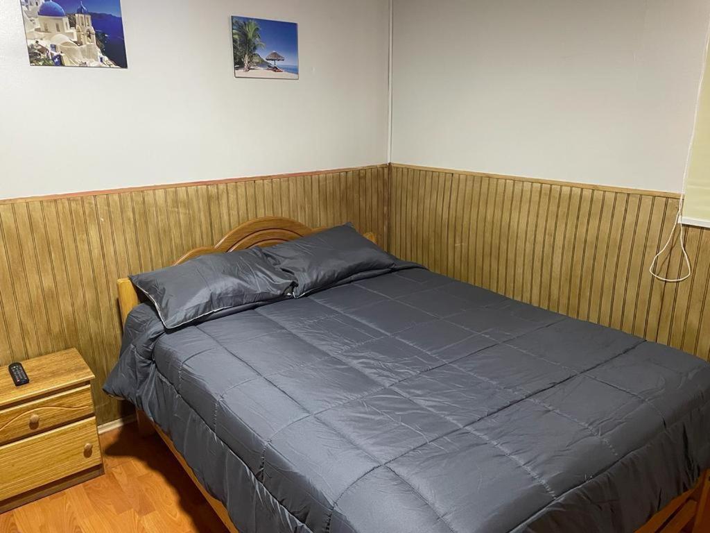1 dormitorio con 1 cama azul y mesita de noche en Hostal New Do Rio, en Maitencillo