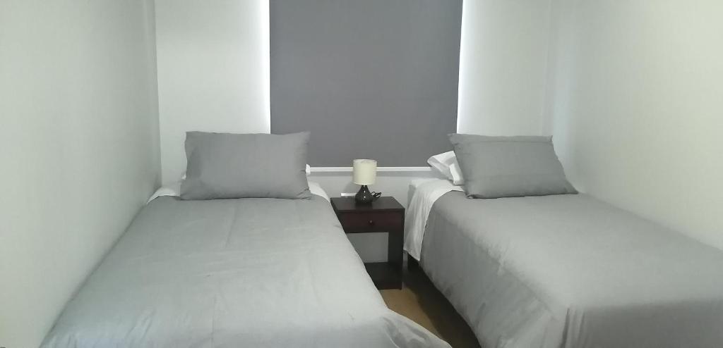 two beds sitting next to each other in a room at Curacautín Lodge in Curacautín