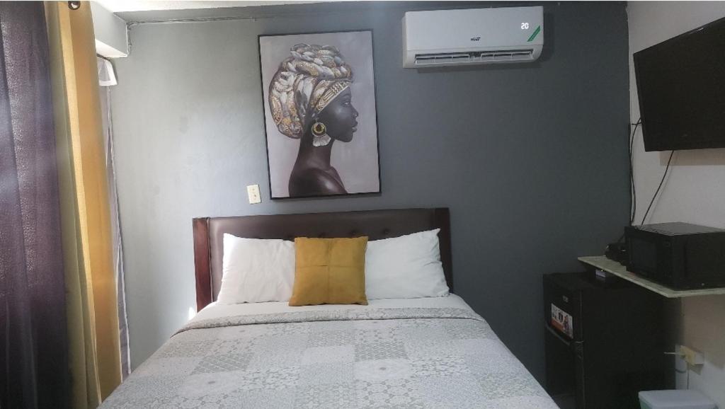 ein Schlafzimmer mit einem Bett und einem Bild an der Wand in der Unterkunft Pearl of the City in Kingston