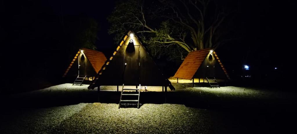 a group of swings in a park at night at Croft Yelagiri - glamping stay in Yelagiri