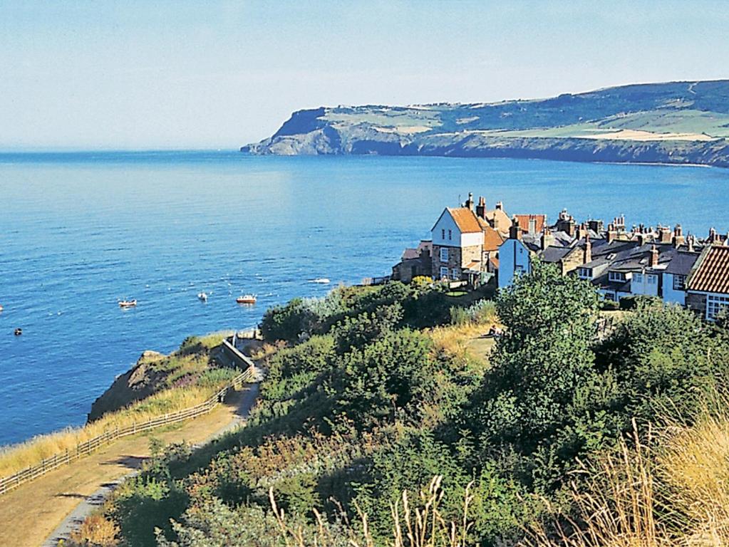 a group of houses on a hill next to the water at Sharrowhead Cottage - E4044 in Robin Hood's Bay