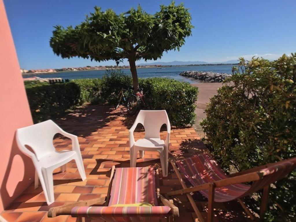2 chaises blanches et un arbre sur une terrasse en briques dans l'établissement T2 cabine 6 pers, piscine, parking, animaux admis - FR-1-81-467, au Barcarès