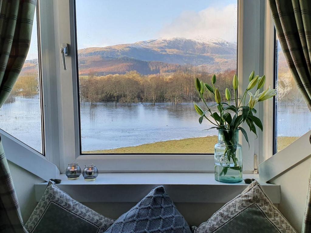a window with a vase of flowers on a window sill at Ben Ledi View in Callander