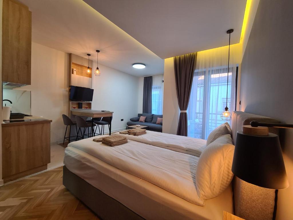 une chambre d'hôtel avec un grand lit et une cuisine dans l'établissement Apartmani Central & Free parking, à Vrnjačka Banja