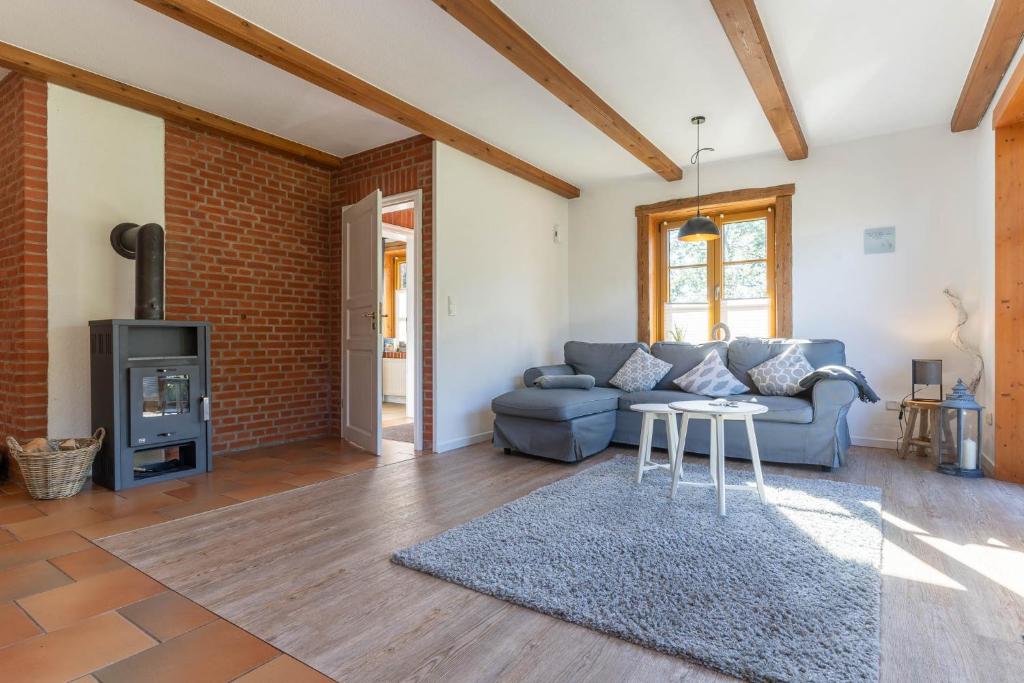 a living room with a couch and a fireplace at Vogelkoje in Vollerwiek