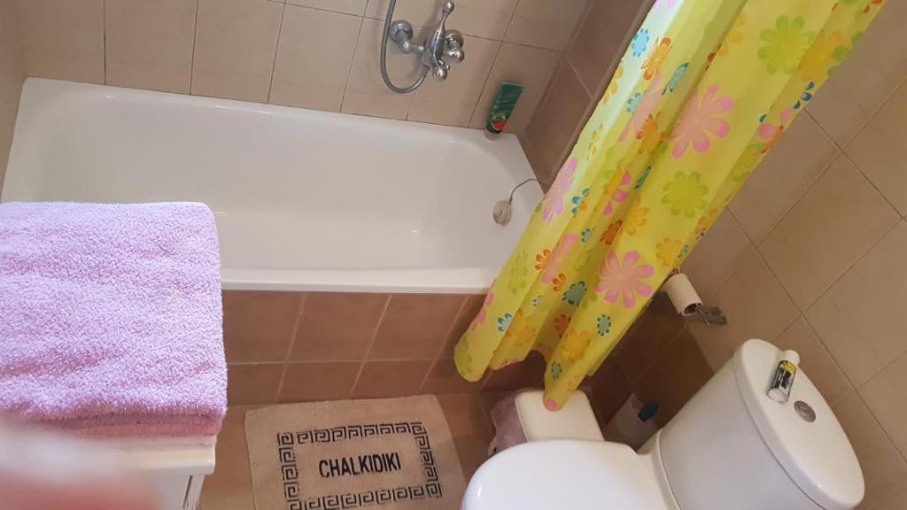 łazienka z toaletą i zasłoną prysznicową w obiekcie Villa Karolina - Halkidiki Kriopigi - 3 bedrooms w mieście Kriopigi
