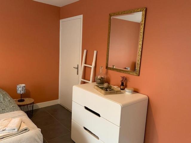 chambre indépendante chez particuliers avec salle de bain privative في آنس: غرفة نوم مع خزانة بيضاء ومرآة