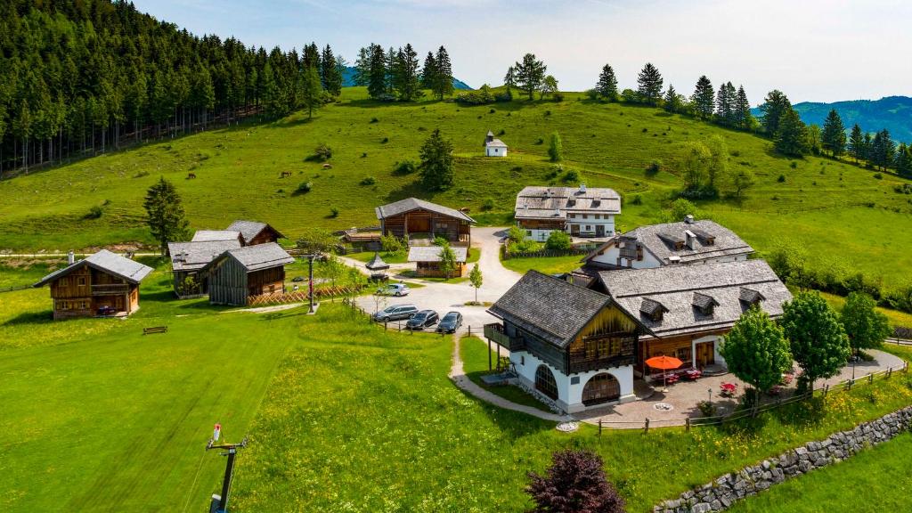 z góry widok na dom na zielonym wzgórzu w obiekcie Sonnleit'n Zimmer 1 w mieście Abtenau