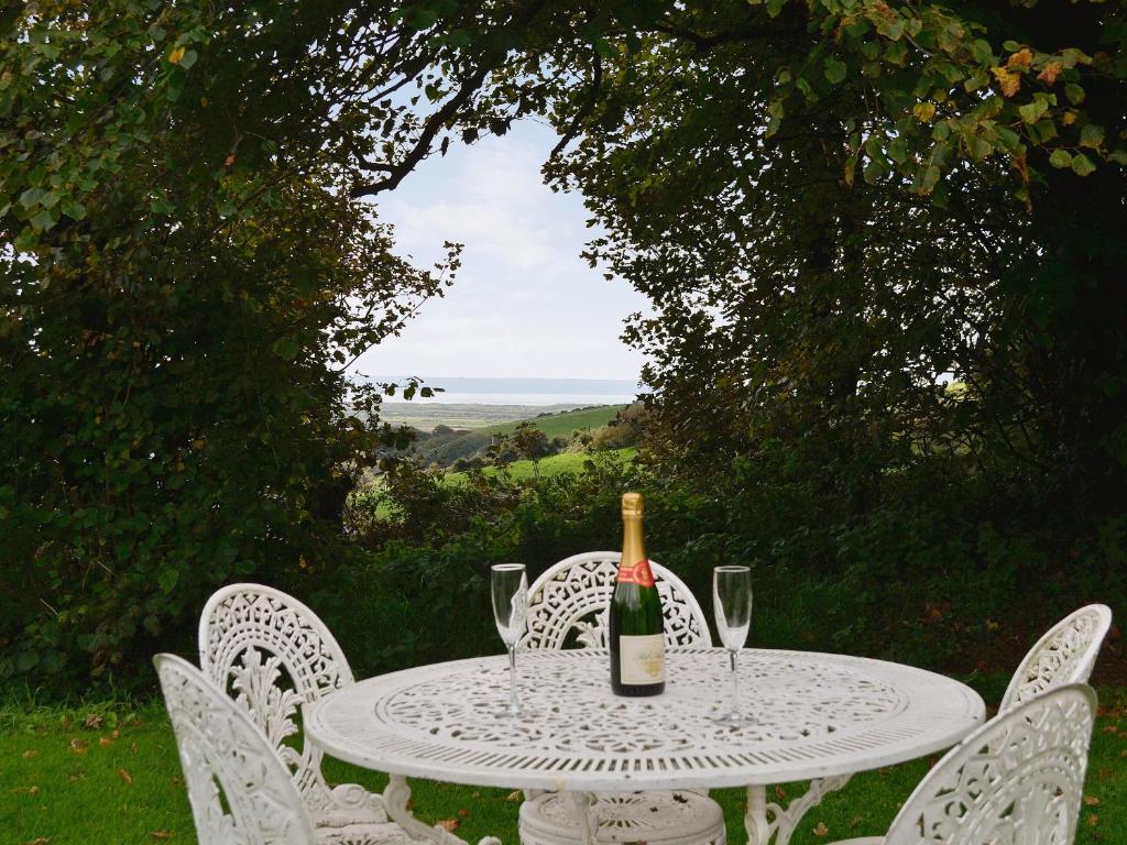 een witte tafel met een fles wijn en stoelen bij The Garden Cottage in Wrafton