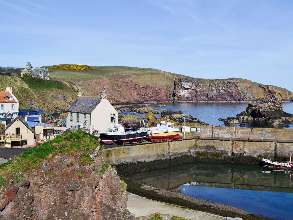 a group of boats are docked in a harbor at Rock Cottage in Saint Abbs