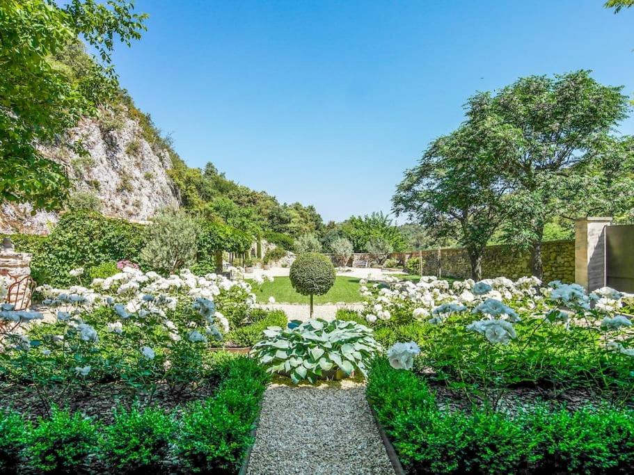 un jardín con flores blancas y azules y un camino en Clos des Mages en Le Beaucet
