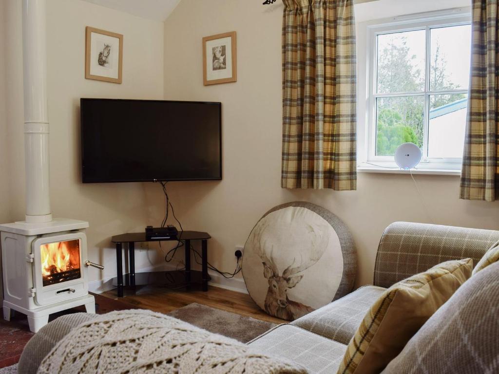 a living room with a fireplace and a tv at Bonnies Bothy in Port of Menteith